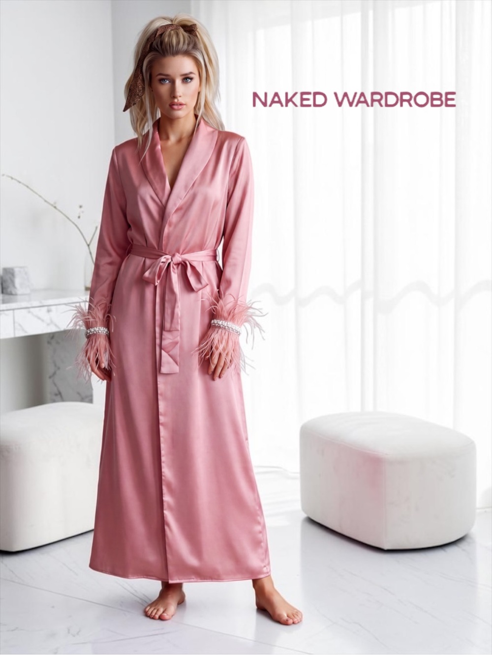 NWT Naked Wardrobe "The Statement" Feather & Pearl Trim Satin Robe - Medium